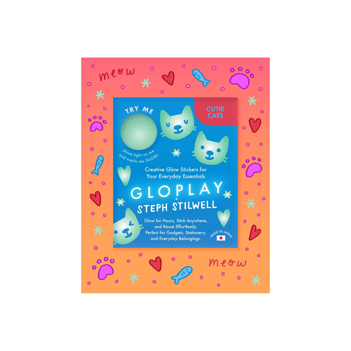Front of 'Gloplay x Steph Stilwell' glow in the dark cat stickers packaging, on a white background.