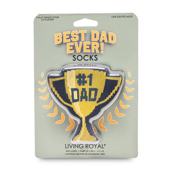 Living Royal Dad Trophy men's crew socks in 3d trophy-shaped packaging, front view.