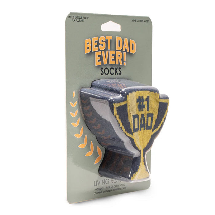 Living Royal Dad Trophy men's crew socks in 3d trophy-shaped packaging, front angle view.