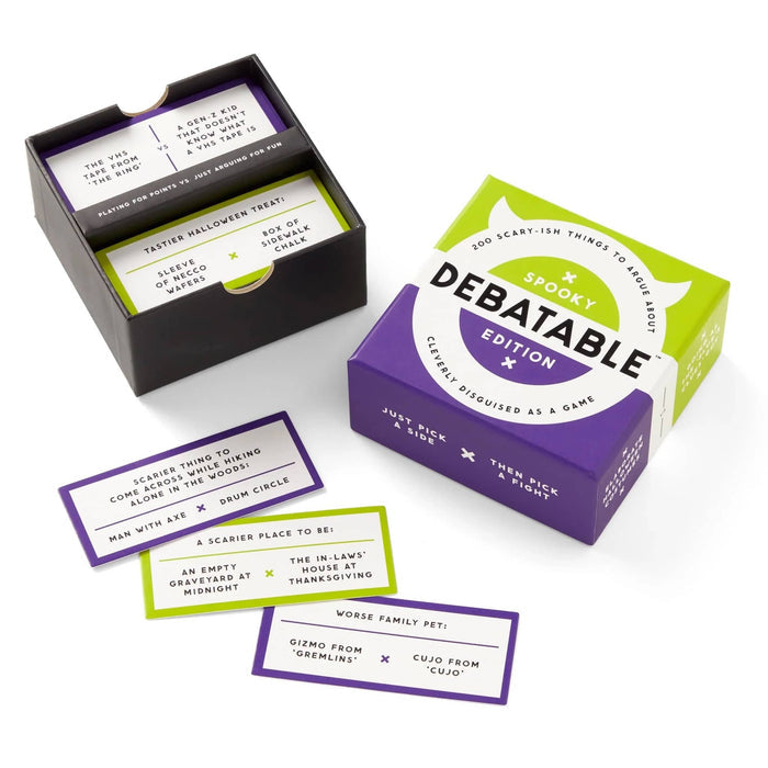 Debatable Spooky Edition card game packaging with cards on a white background.