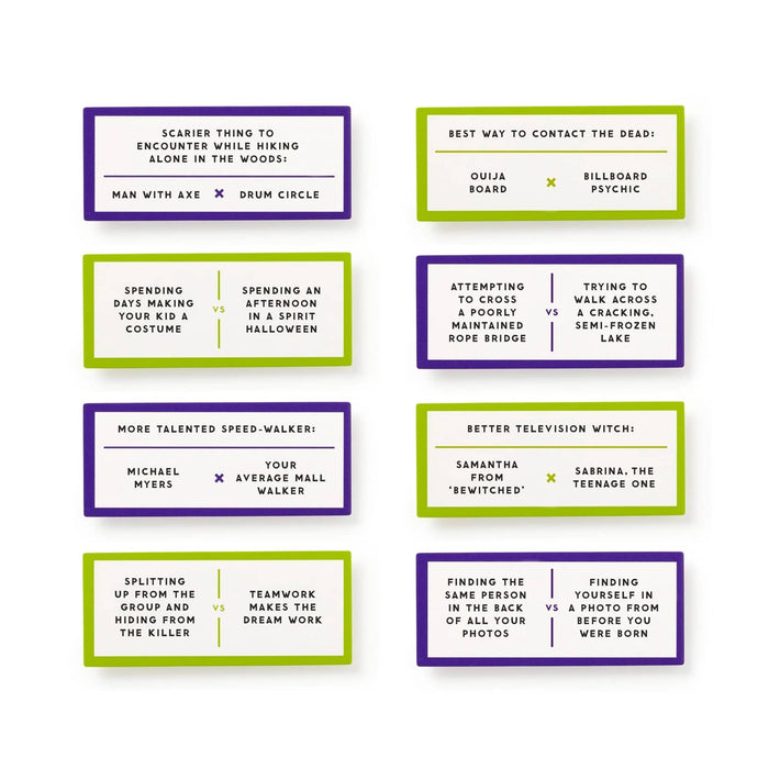 Six rectangular printed cards arranged in a 2x3 grid on a white background. Each card has alternating purple and light green sections with black text containing humorous prompts.