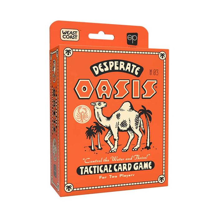 Orange card game box with camel illustration and text on a white background.