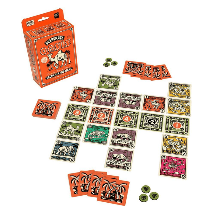 Card game set with cards and packaging on a white background.