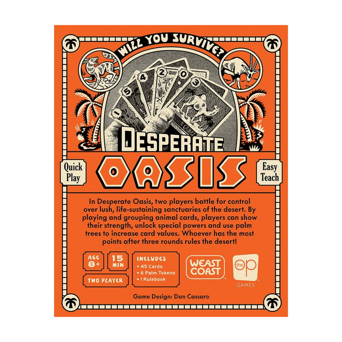 Back of Desperate Oasis game box with description and graphics, on a white background.