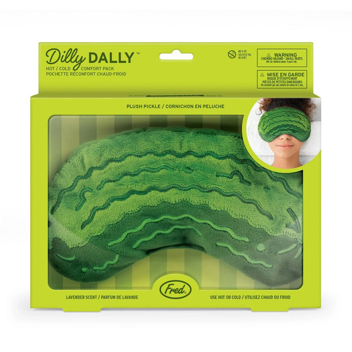 Dilly Dally Pickle Hot and Cold Comfort Eye Pillow in box packaging, front view.