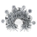 A silver tinsel novelty headband with attached silver star felt and silver disco ball ornaments with a white paper label reading 'PACKED PARTY NOVELTY HEADBAND' on a plain white background.