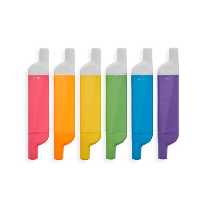 Six colorful highlighters in pink, orange, yellow, green, blue, and purple, arranged in a row on a white background.