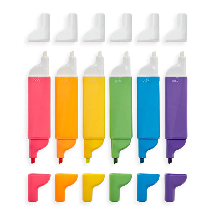 Set of colorful highlighters with caps off showing the chisel tip and eraser tip, on a white background.