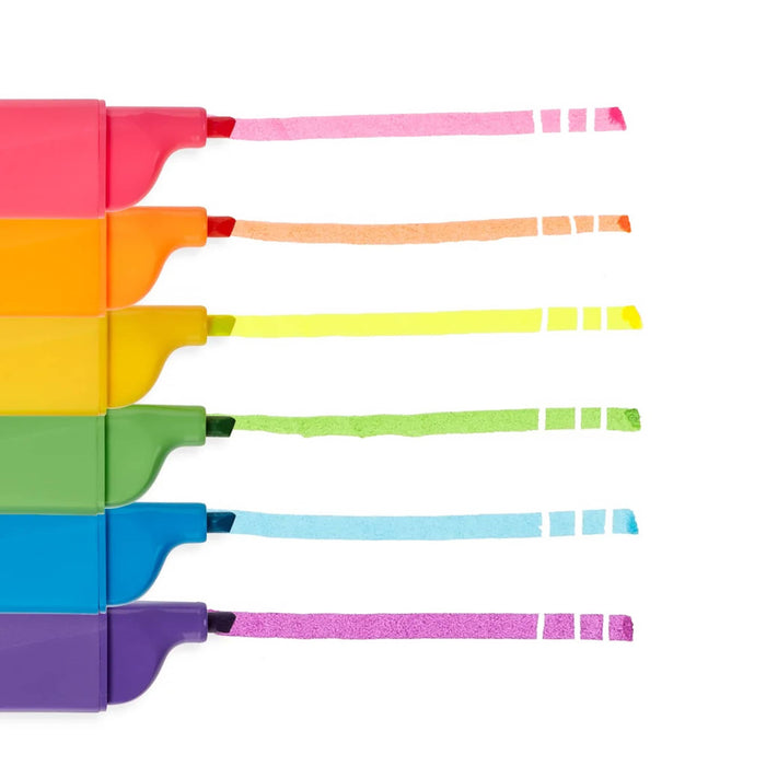 Set of colorful highlighters with line swatches showing the color of each one, on a white background.
