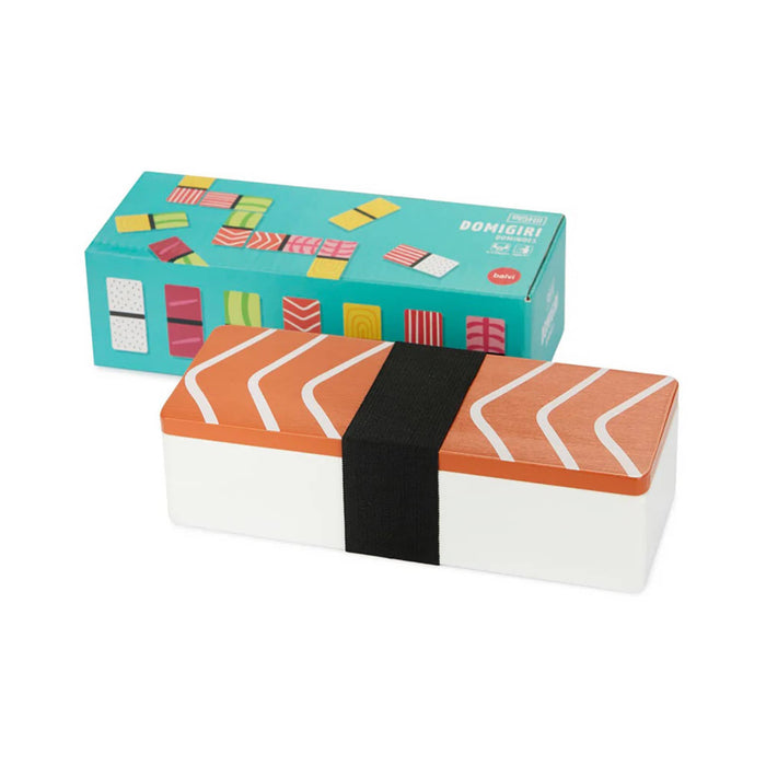 Sushi-themed wood dominoes in box that looks like salmon nigiri with outer box packaging.