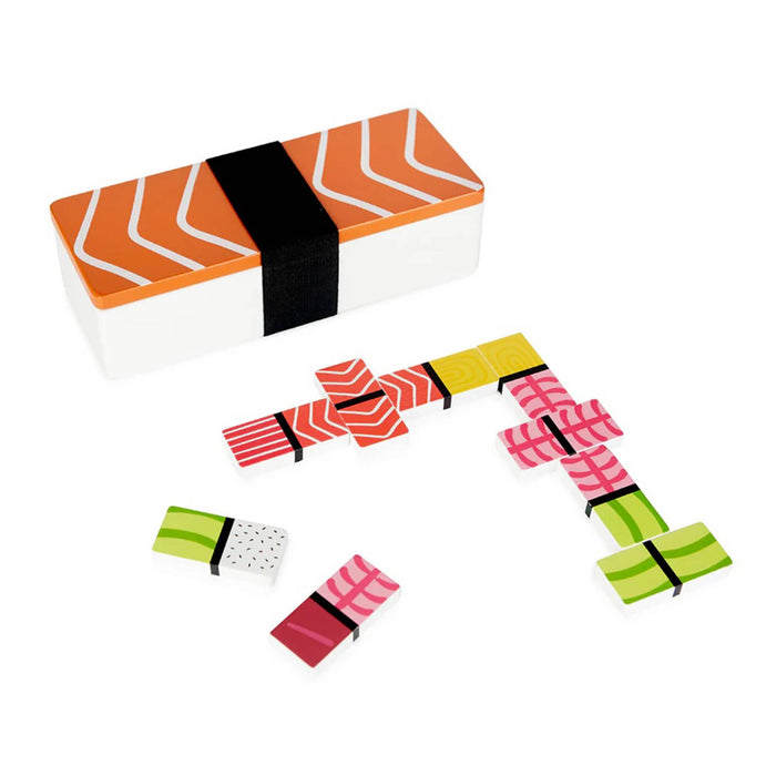 Sushi-themed wood dominoes with box that looks like salmon nigiri on a white background.
