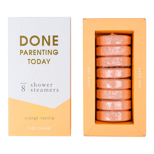 chez gagne done parenting today orange and vanilla scented shower steamers in slipcase packaging with white and orange front and "done parenting today" in gold foil print