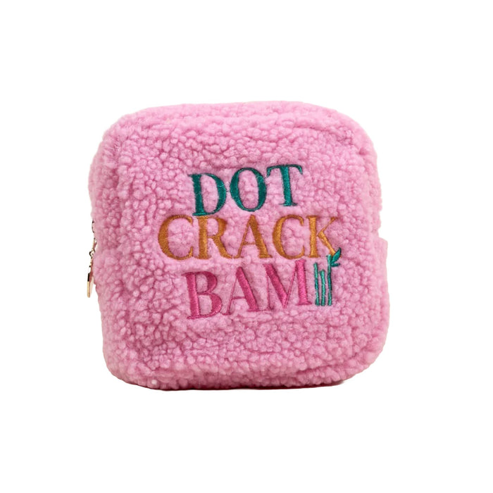 Pink textured pouch with colorful text and bamboo design on a white background.