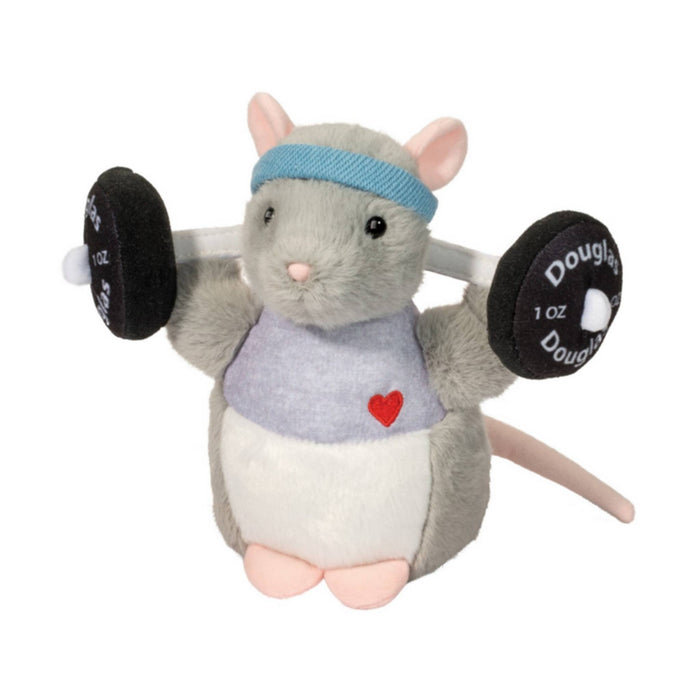 Plush toy mouse lifting weights with a blue headband on a white background.