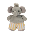 Plush elephant toy with yellow and white swim trunks, on a white background.