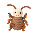 Plush toy resembling a dancing cockroach, front view, on a white background.