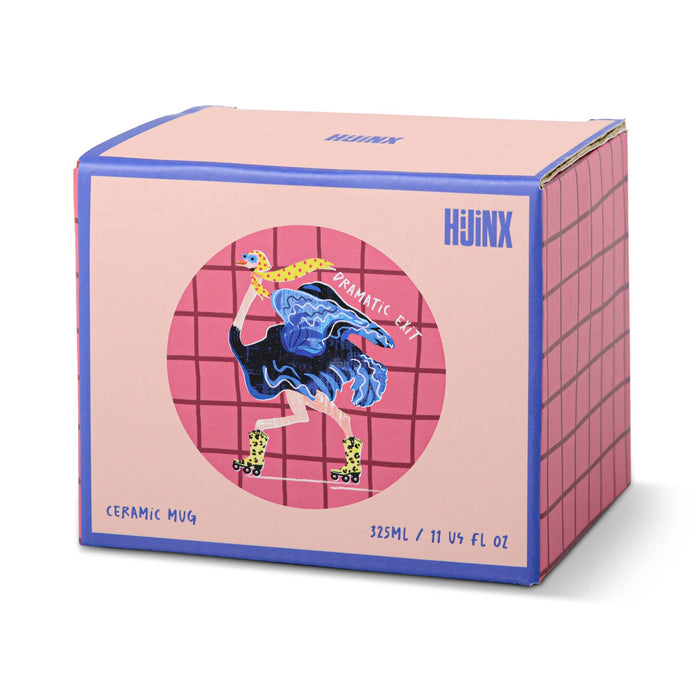 A pink and blue cardboard box for a ceramic mug by HIJINX, featuring a circular illustration of a stylized figure on roller skates over a pink grid background.