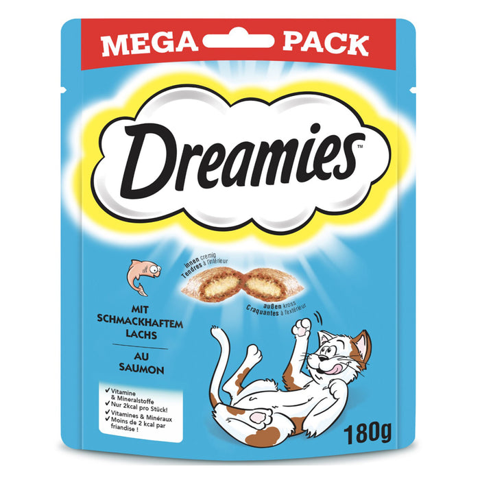Dreamies Mega Salmon Cat Treat is a flavorful, crunchy cat snack made with salmon (4%) to delight your cat’s natural taste preferences.
