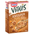Dr.Oetker Vitalis Knusper Plus Honey Almond is a crunchy granola-style breakfast cereal made with whole grain oats, real almond pieces, and a touch of honey.