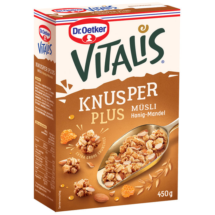 Dr.Oetker Vitalis Knusper Plus Honey Almond is a crunchy granola-style breakfast cereal made with whole grain oats, real almond pieces, and a touch of honey.