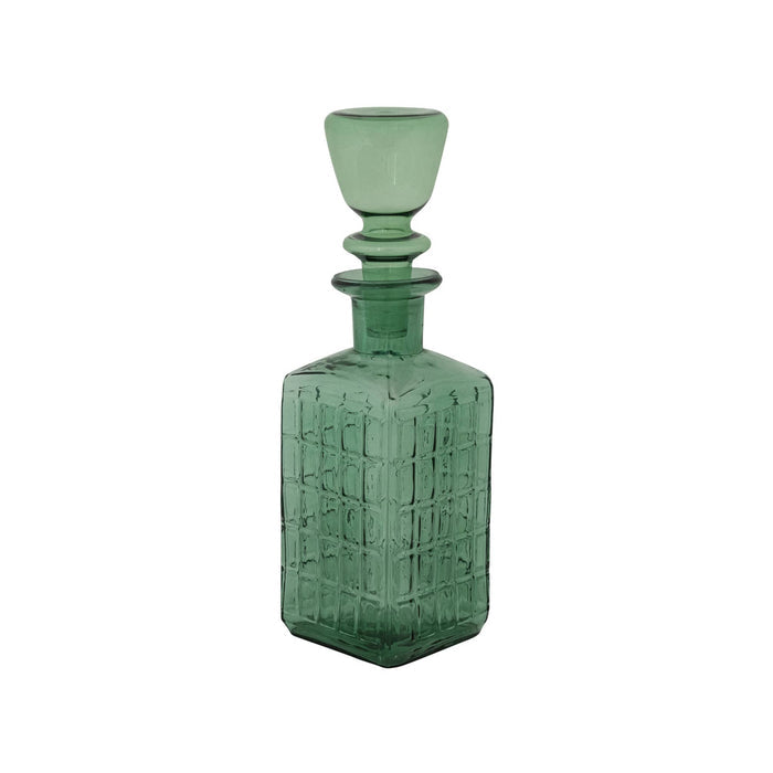 A green glass decanter with a matching stopper, featuring a textured grid pattern on the body and a flared stopper, shown against a plain white background.