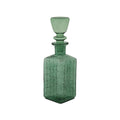 A green glass decanter with a matching stopper, featuring a textured grid pattern on the body and a flared stopper, shown against a plain white background.