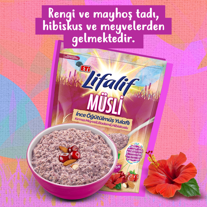 Lifalif Ince Ogutulmus Muesli with Hibiscus brings a vibrant twist to your morning routine.
