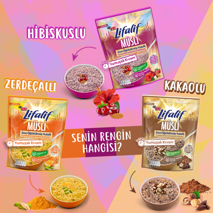 Lifalif Ince Ogutulmus Muesli with Hibiscus brings a vibrant twist to your morning routine.