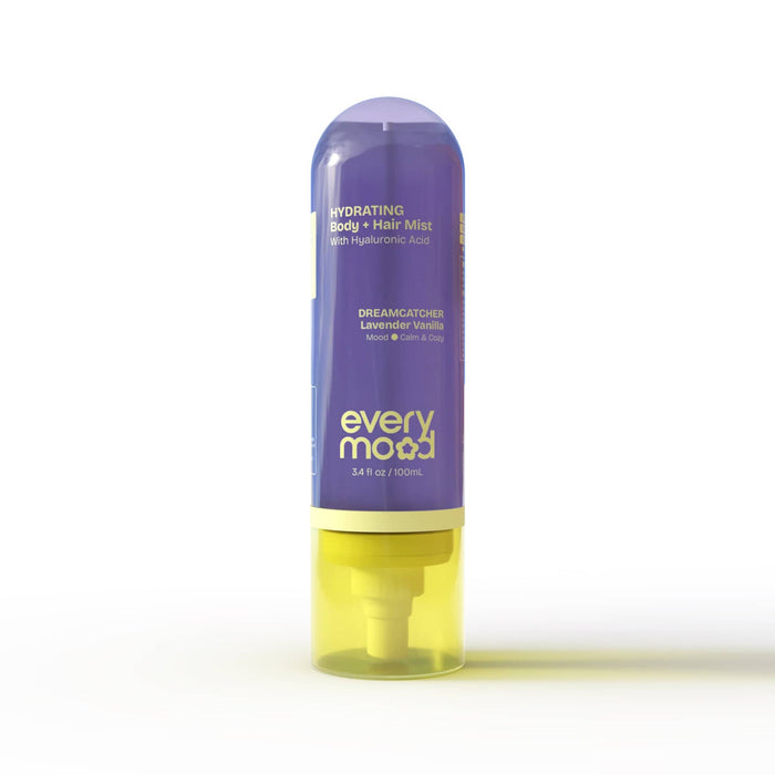 Everymood Dreamcatcher scented hydrating body and hair mist in purple and yellow bottle packaging, on a white background.