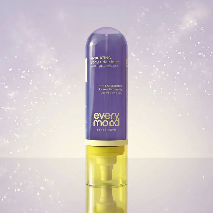 Everymood Dreamcatcher scented hydrating body and hair mist in purple and yellow bottle packaging, on a sparkly pale purple background.