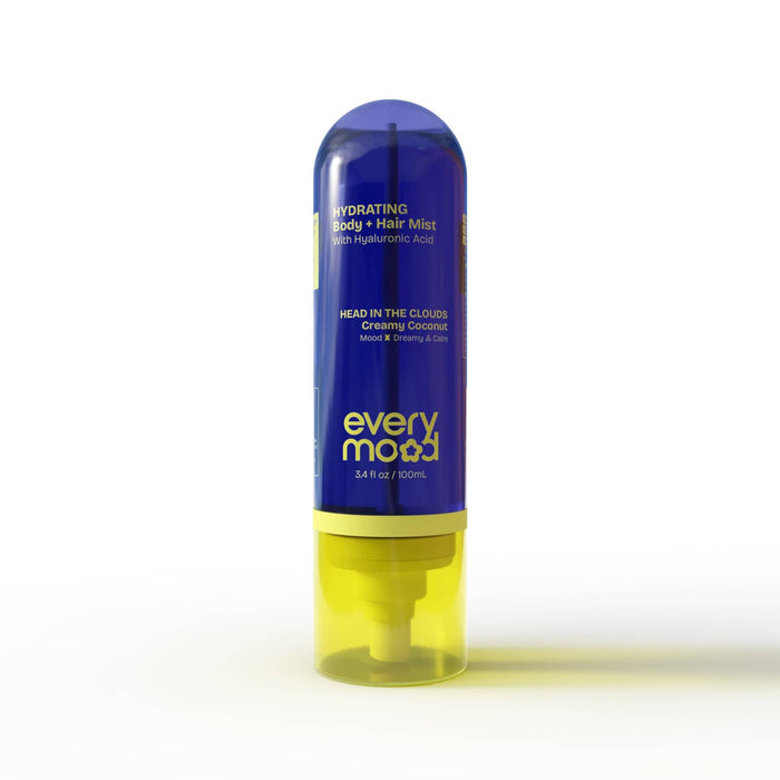 Everymood Dreamcatcher scented hydrating body and hair mist in blue and yellow bottle packaging, on a white background.