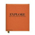 Orange book titled 'EXPLORE: The Leading Hotels of the World' on a white background.