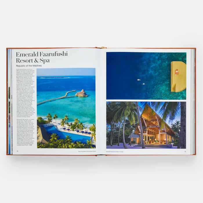 Open book showing images of Emerald Faarufushi Resort & Spa with text on the left.