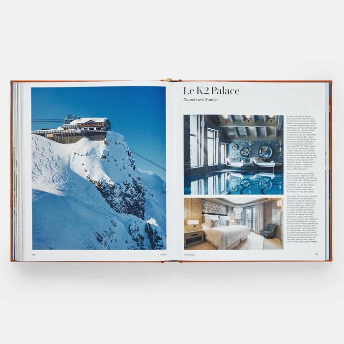 Open book showing images of Le K2 Palace in Courchevel, France, with exterior and interior views.
