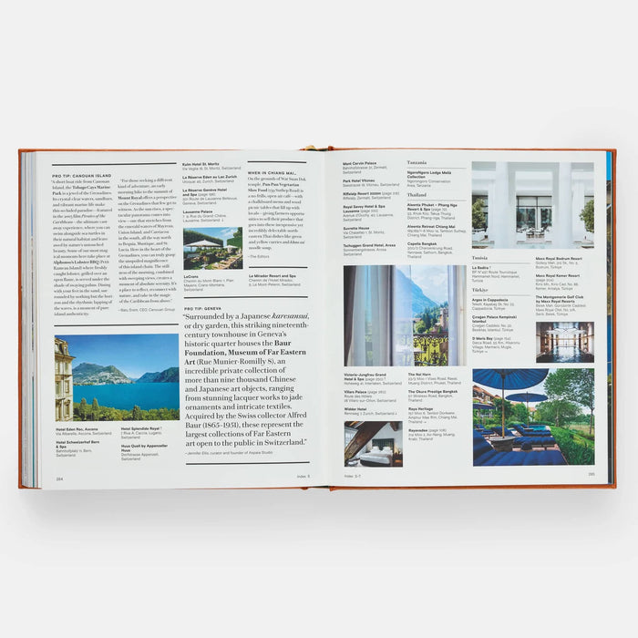 Open book with architectural images and text on a white background.