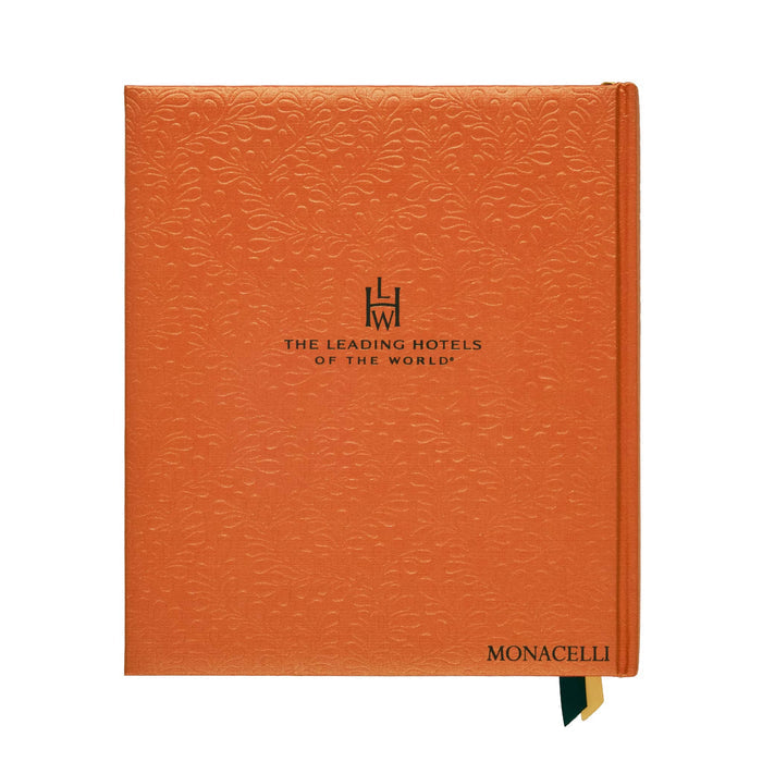 Back of orange book with embossed design and branding on a white background.