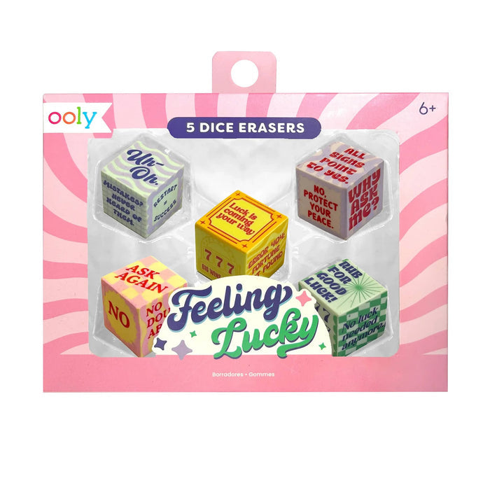Front of packaging for Ooly Feeling Lucky dice-shaped erasers, on a plain white background.