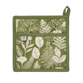 Green pot holder with pocket and a white leaf pattern on a white background.