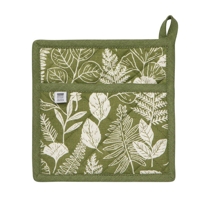 Green pot holder with pocket and a white leaf pattern on a white background.