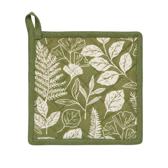 Green pot holder with a white leaf pattern on a white background.