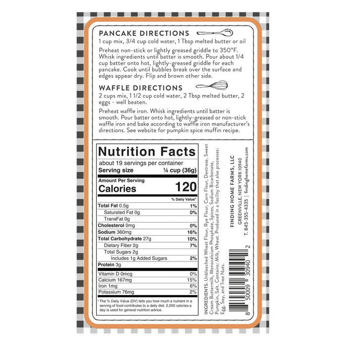The back of a pancake mix bag showing the product's directions, nutrition facts, ingredients list, and barcode on a white background with a black gingham border.