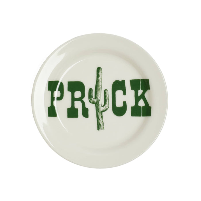 White stoneware plate with green cactus design and text, overhead view, on a white background.
