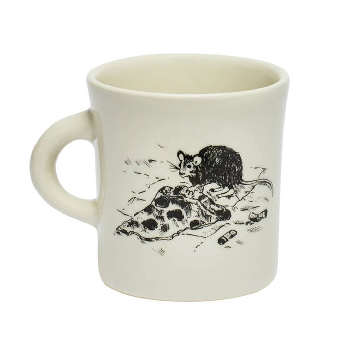 White mug with an illustration in black of a rat with a slice of pizza, front view, on a white background.