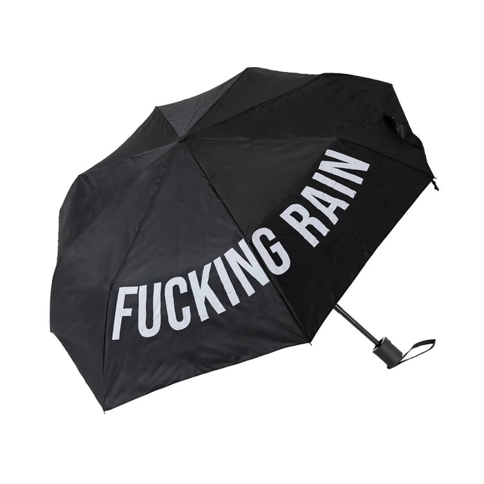 Black umbrella with 'FUCKING RAIN' text on a white background.