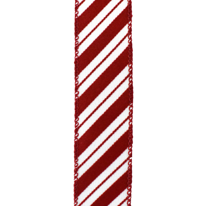 Flocked Candy Cane Stripes Wired Ribbon, 1-1/2-Inch, 10-Yard - Red