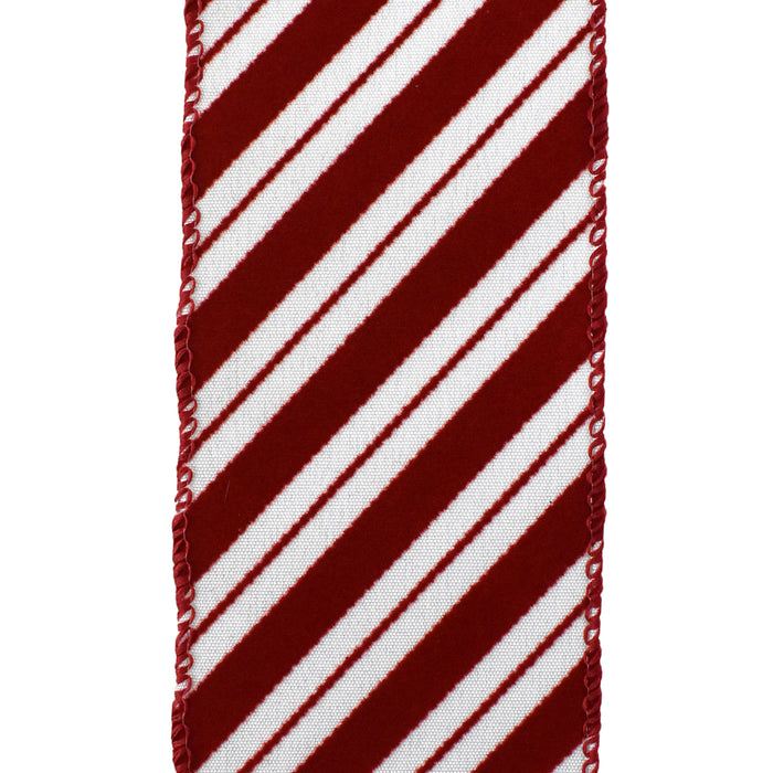Flocked Candy Cane Stripes Wired Ribbon, 2-1/2-Inch, 10-Yard - Red