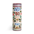 A tall cylindrical canister of 'eeboo' brand 25 artist-quality double-sided pencils, decorated with a cream background, blue flowers, green leaves, and red accents.