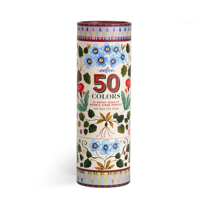 A tall cylindrical canister of 'eeboo' brand 25 artist-quality double-sided pencils, decorated with a cream background, blue flowers, green leaves, and red accents.