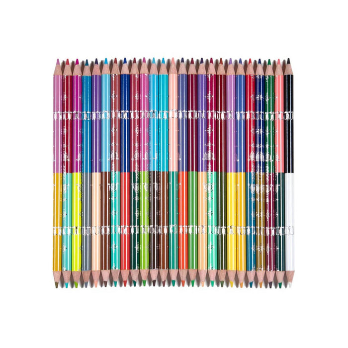 A set of 25 double-ended colored pencils arranged in two vertical columns, showing a wide range of colors from pink and blue to green, yellow, and brown, with wooden barrels and silver foil details.