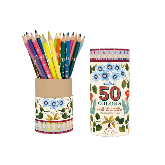 A set of 50 colored pencils in a decorative cardboard holder next to its matching cylindrical packaging box, both featuring a floral print with blue flowers and green leaves on a white background.
